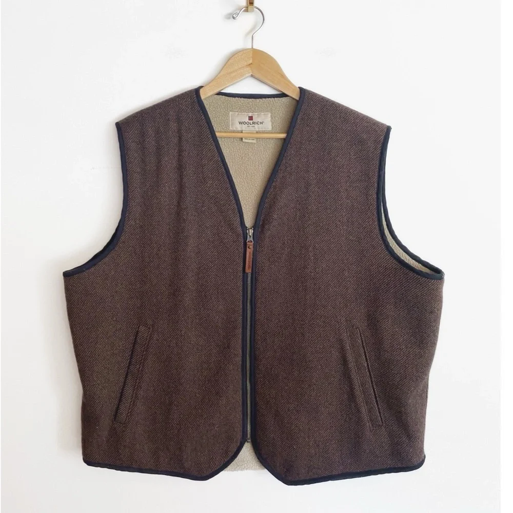 WOOLRICH Loden Sherpa Lined Wool blend Vest Full Zip Buckskin Mens size XL